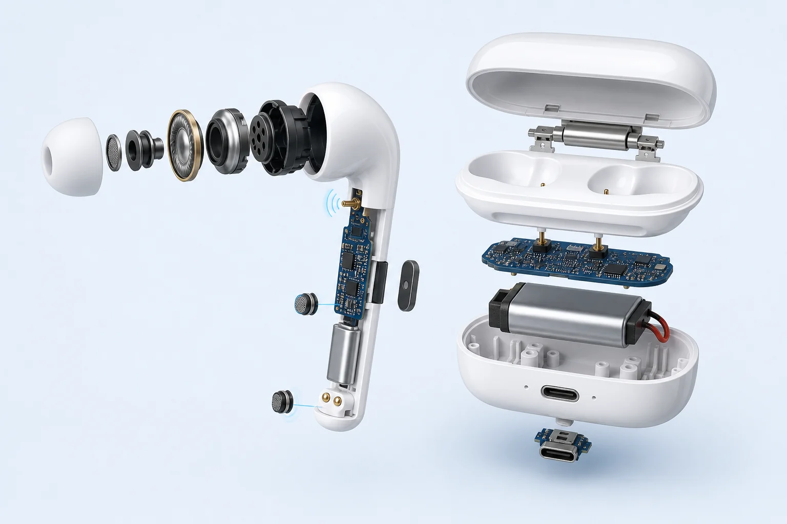 Exploded engineering view of configurable wireless earbuds