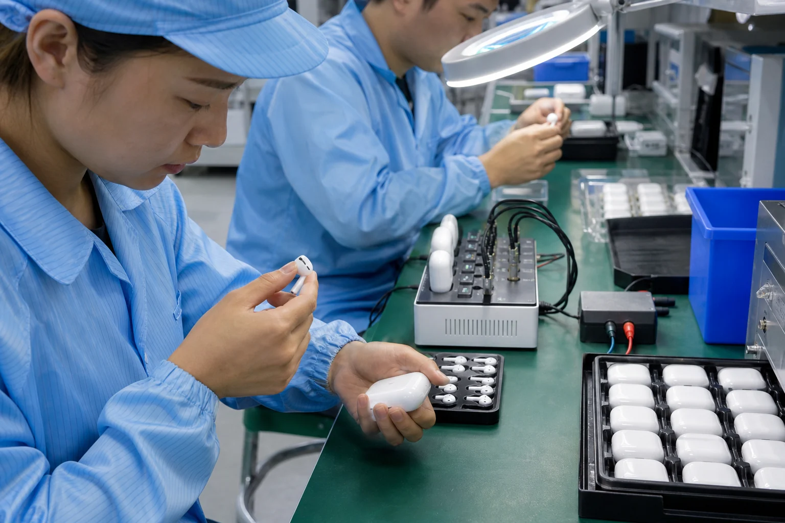 Wireless earbud production and assembly line