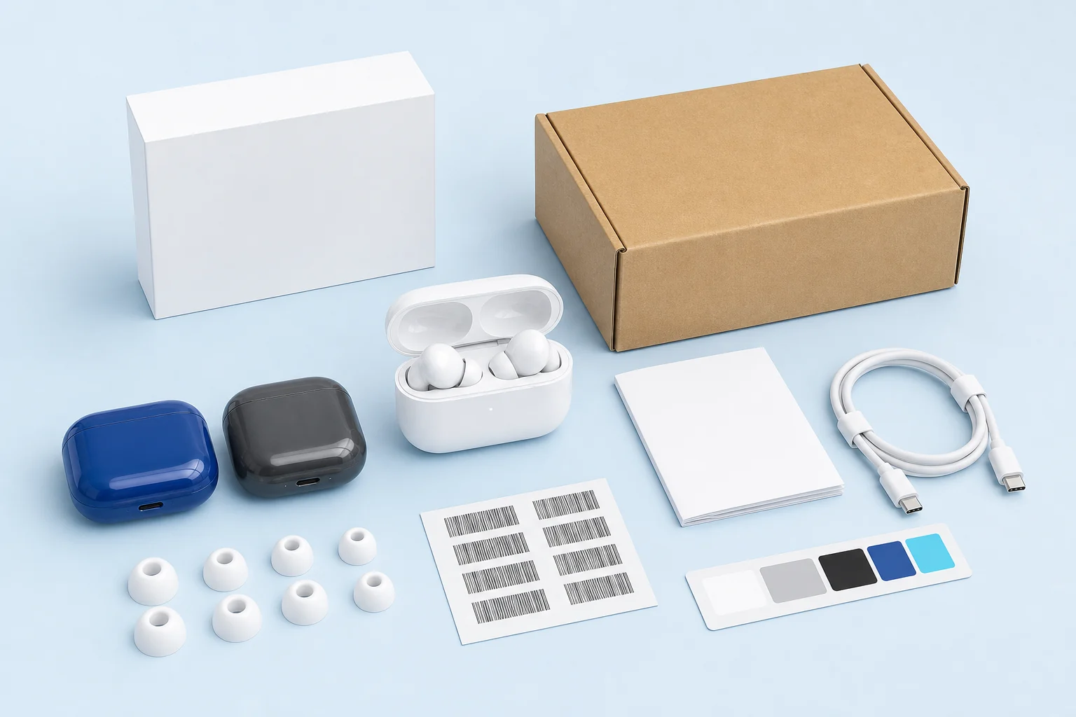 Private-label earbuds, charging case and packaging kit