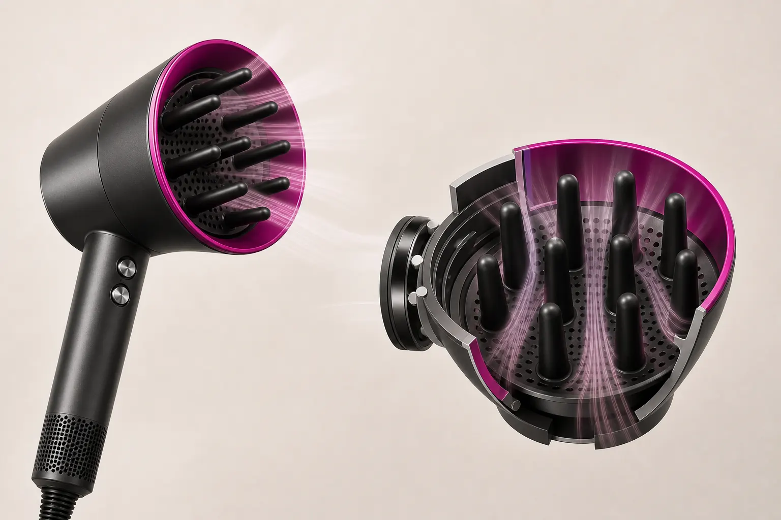 Hair Dryer with Diffuser internal construction and configurable components / 带扩散器的吹风机 内部结构与可配置部件