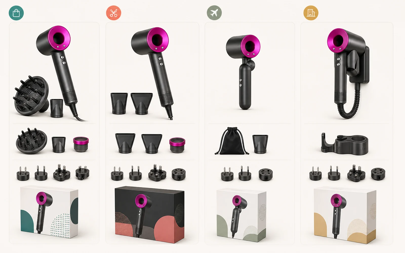 Blow Dryer SKU and accessory lineup / 吹风机 SKU 与配件组合