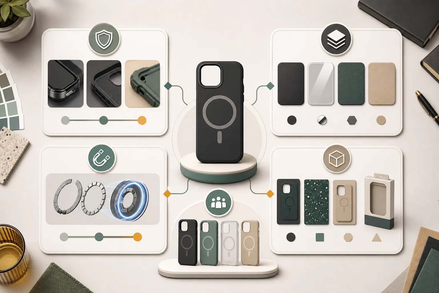Decision guide visual for choosing wholesale MagSafe compatible phone case materials, protection, magnet force, and packaging