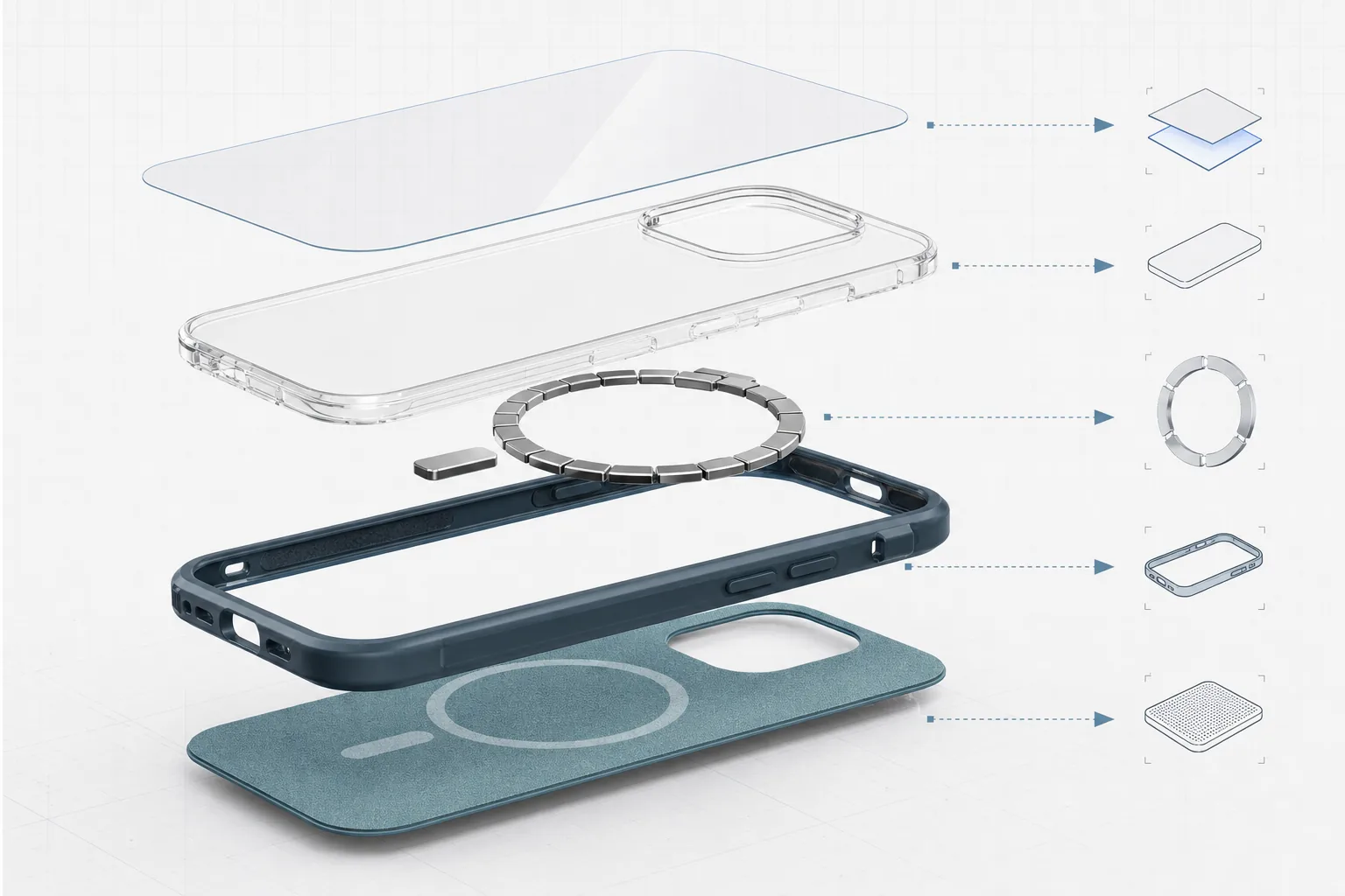 Exploded technical view of a MagSafe compatible phone case with magnet ring, PC backplate, TPU bumper, and lining
