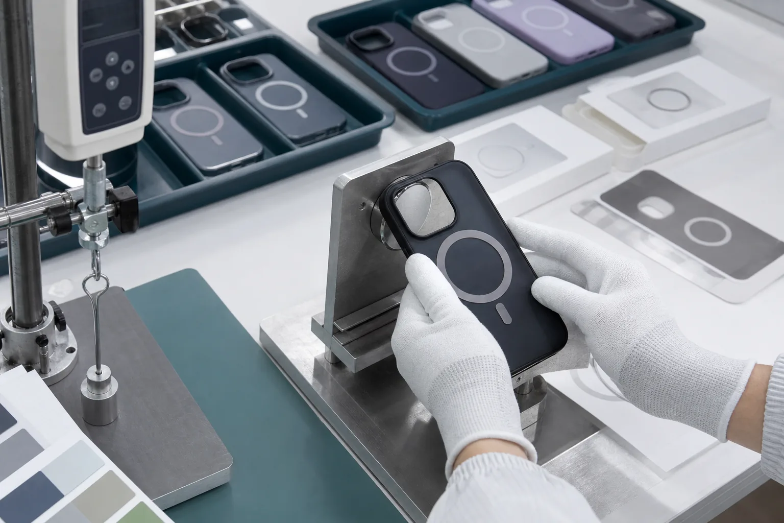 MagSafe case OEM quality control and sample approval workflow at a clean factory bench