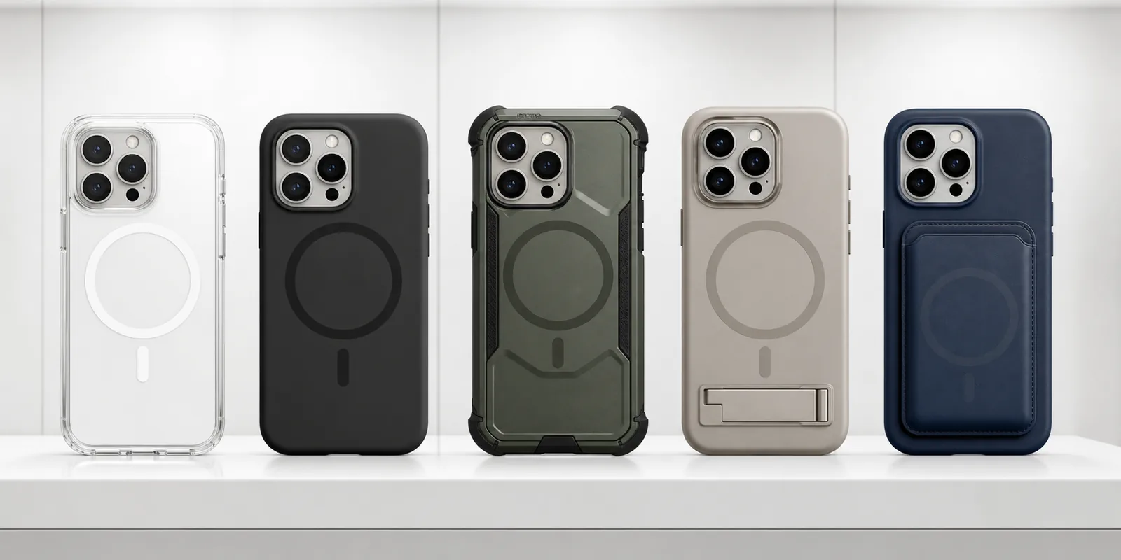 Lineup of clear, silicone, rugged, kickstand, and leather wallet MagSafe compatible phone cases