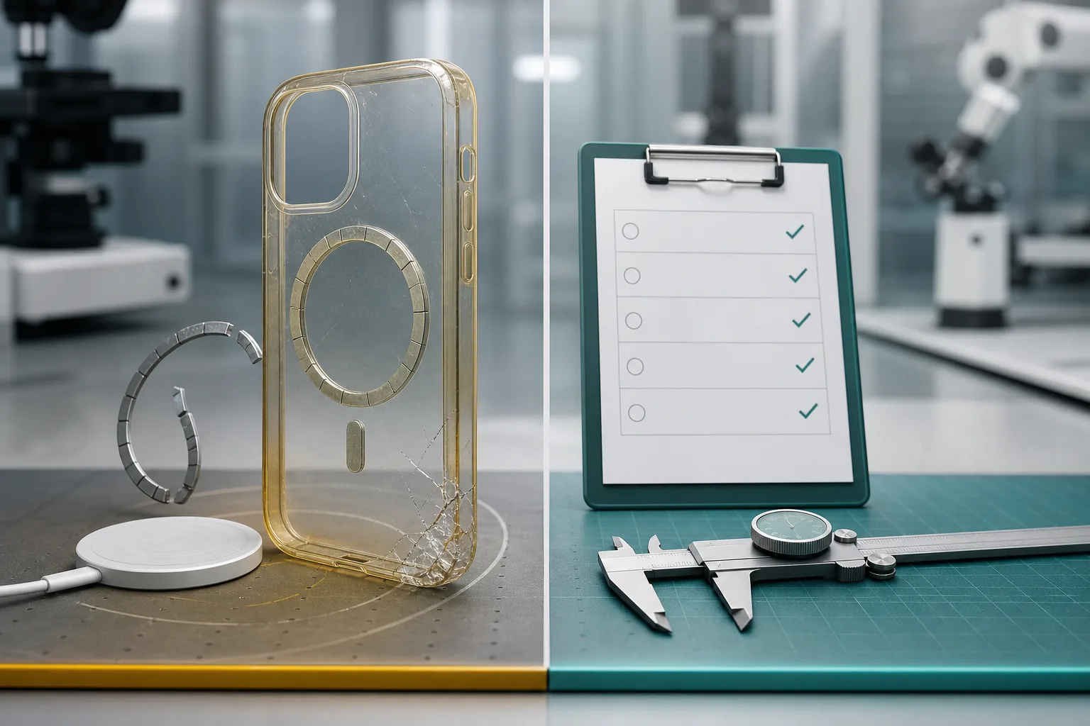 Testing bench showing low quality MagSafe case problems and quality control tools