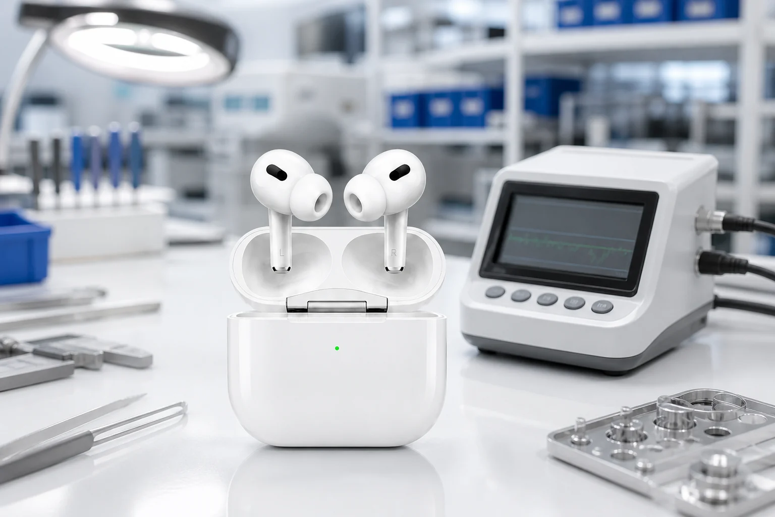Noise Cancelling Earbuds acoustic and electronics quality inspection