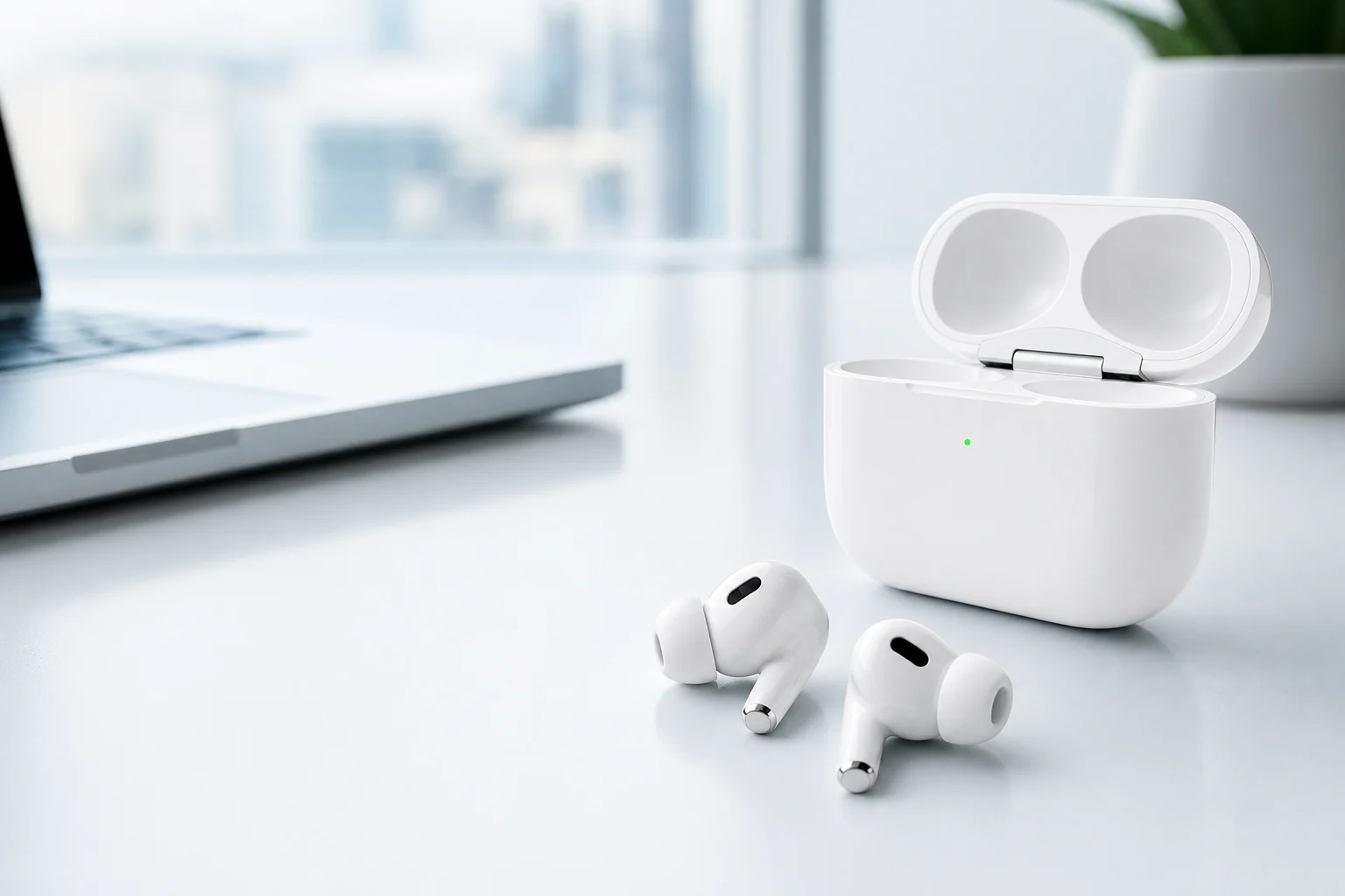 Noise Cancelling Earbuds in a clean mobile work setting