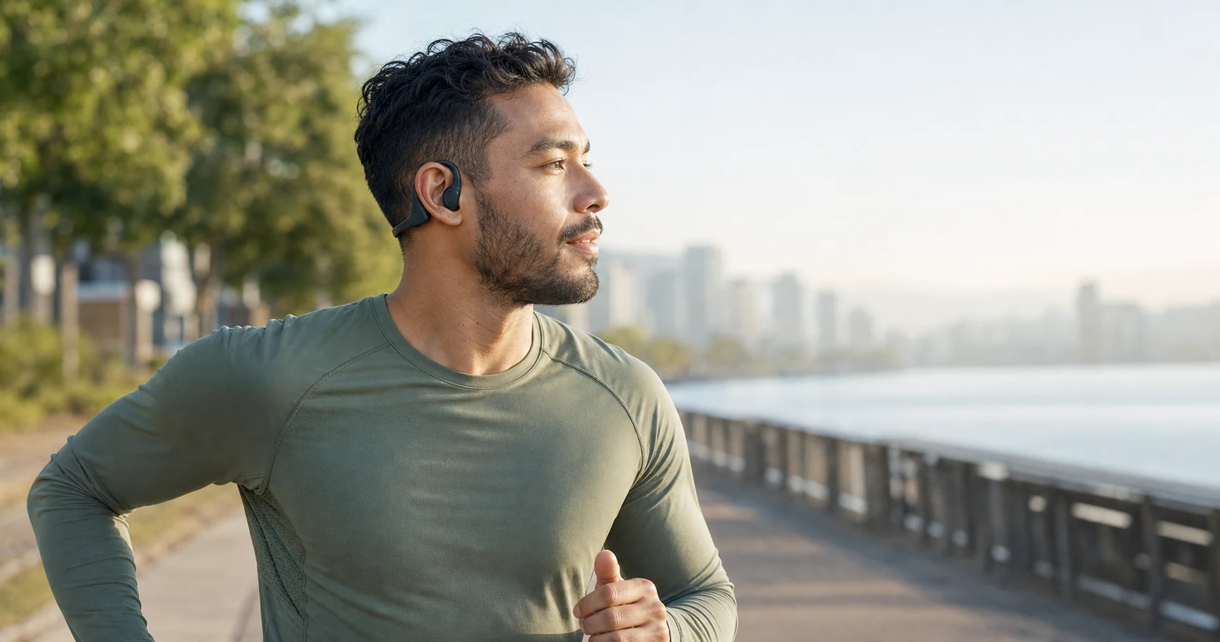 Runner wearing open ear headphones beside a waterfront