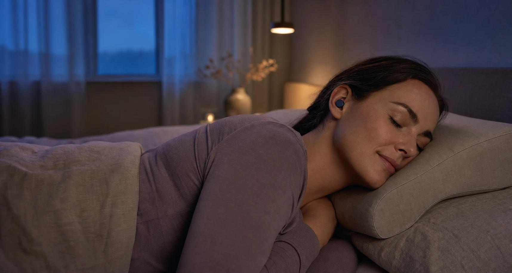 Side sleeper wearing a low-profile sleep earbud